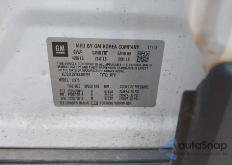 2019 Chevrolet Trax Lt из США, поврежденный, VIN KL7CJLSB1KB789791